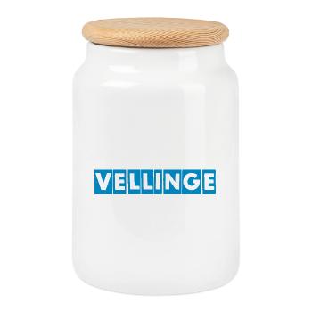 Vellinge – Blaues Textdesign - Keksdose mit Holzdeckel - Weiß - Vorne