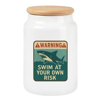 Warning sign with shark and inscription - Cookie Jar with Wooden Lid - white - Front