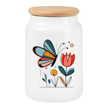 Spring motif butterfly with flowers - Cookie Jar with Wooden Lid - white - Front