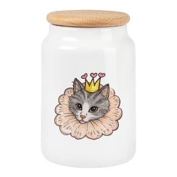 Cat Princess with Heart Crown - Cookie Jar with Wooden Lid - white - Front