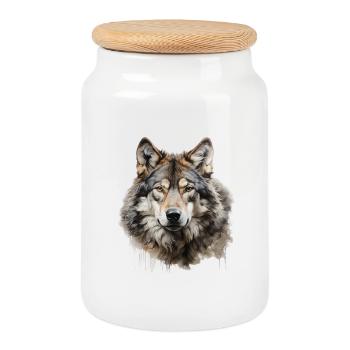 Wolf Portrait – Wild Animal Alps Design - Cookie Jar with Wooden Lid - white - Front
