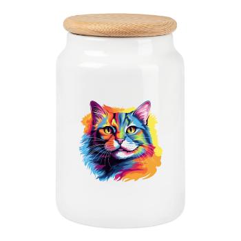 Pop Art Cat – Colorful Cat in a Frenzy of Color - Cookie Jar with Wooden Lid - white - Front