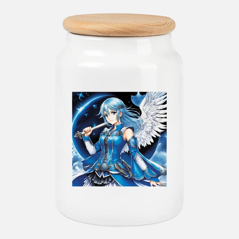 Blauer Engelsritter mit Schwert - Keksdose mit Holzdeckel - Weiß