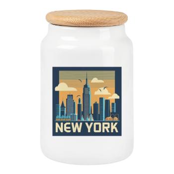New York Skyline Retro Druck - Keksdose mit Holzdeckel - Weiß - Vorne