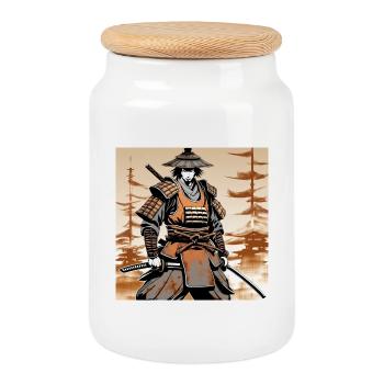 Samurai im Ocker-Rüstungsstil - Keksdose mit Holzdeckel - Weiß - Vorne