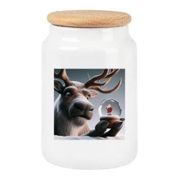 Reindeer with Santa Claus in snow globe - Cookie Jar with Wooden Lid - white - Front