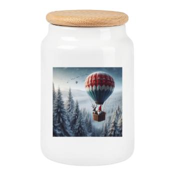 Gnome and reindeer in hot air balloon - Cookie Jar with Wooden Lid - white - Front
