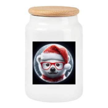 Polar bear baby as Santa Claus - Cookie Jar with Wooden Lid - white - Front