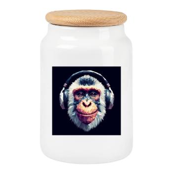 Singe avec des écouteurs - Boîte à biscuits avec couvercle en bois - blanc - Devant