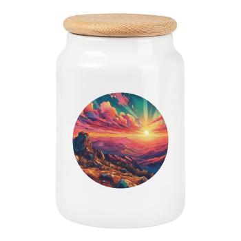 Paysage, Coloré, Coucher de soleil, Montagnes, Bande dessinée - Boîte à biscuits avec couvercle en bois - blanc - Devant