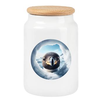 Pingouin regarde à travers le trou, paysage de neige - Boîte à biscuits avec couvercle en bois - blanc - Devant
