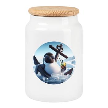 Comic Pinguin lehnt im Anker mit Cocktail - Keksdose mit Holzdeckel - Weiß - Vorne