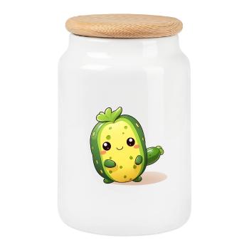 Tanzendes Kawaii Kaktus Gurken Männchen - Keksdose mit Holzdeckel - Weiß - Vorne