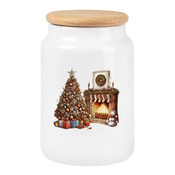 Décoration de Noël festive avec sapin de Noël - Boîte à biscuits avec couvercle en bois - blanc - Devant
