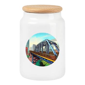 Pont comique dans la ville - Boîte à biscuits avec couvercle en bois - blanc - Devant