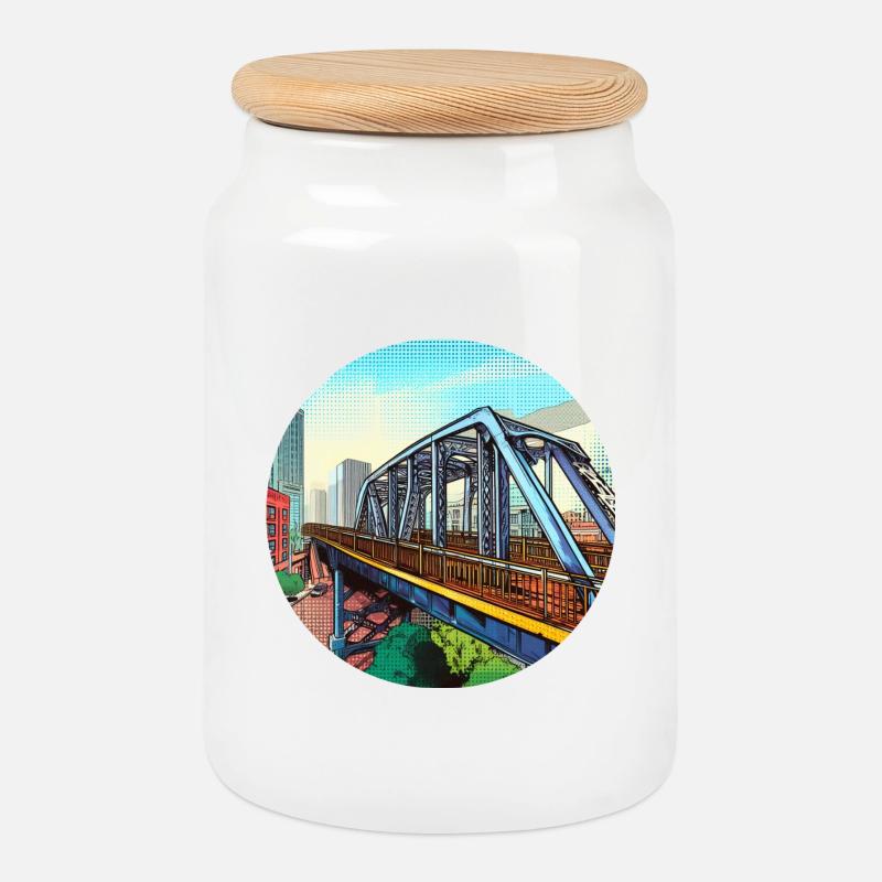 Comic Brücke in Stadt - Keksdose mit Holzdeckel - Weiß