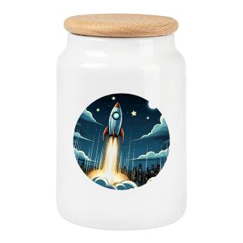 Une fusée de dessin animé est lancée dans l’espace - Boîte à biscuits avec couvercle en bois - blanc - Devant