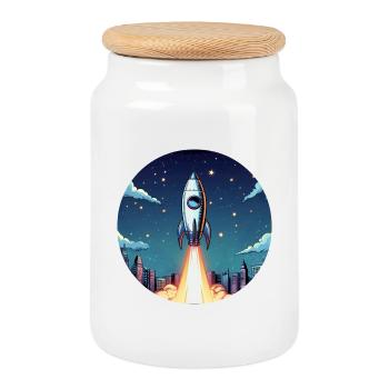 Lancement d’une fusée dans l’espace devant le ciel nocturne dans un style comique - Boîte à biscuits avec couvercle en bois - blanc - Devant