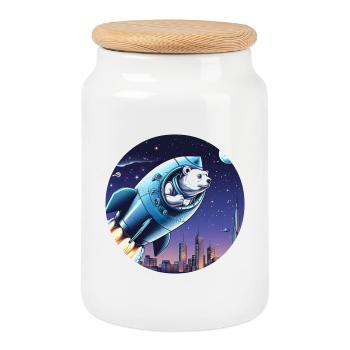 Rocket with bear takes off into space in front of night sky - Cookie Jar with Wooden Lid - white - Front