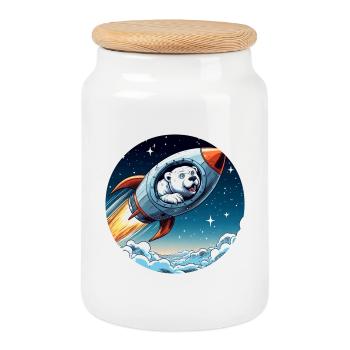 excited polar bear in a rocket comic - Cookie Jar with Wooden Lid - white - Front