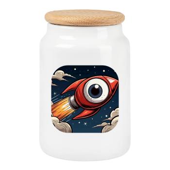 Rocket with a big eye takes off into space Comic - Cookie Jar with Wooden Lid - white - Front