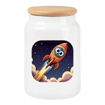 Comic Rakete mit Augen - Keksdose mit Holzdeckel - Weiß - Vorne