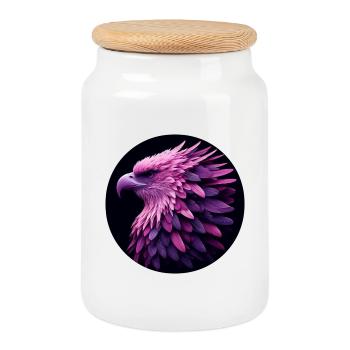 Eagle with purple and pink feathers, photorealistic - Cookie Jar with Wooden Lid - white - Front