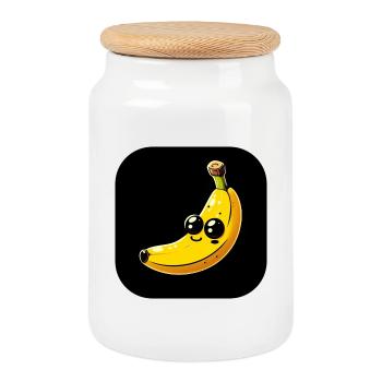 Banana yellow with eyes against black background - Cookie Jar with Wooden Lid - white - Front