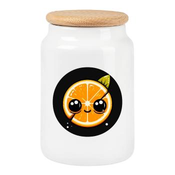 Orange mit Gesicht und großen Augen - Keksdose mit Holzdeckel - Weiß - Vorne
