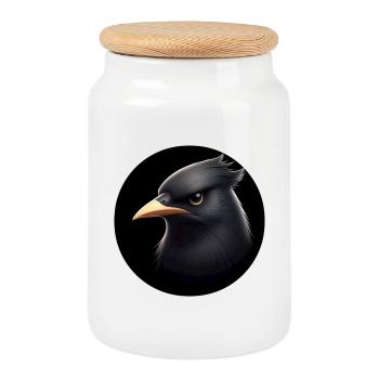 Black raven in animation style - Cookie Jar with Wooden Lid - white - Front