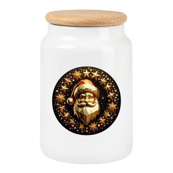 Weihnachtsmann mit Mütze und Sternen - Keksdose mit Holzdeckel - Weiß - Vorne