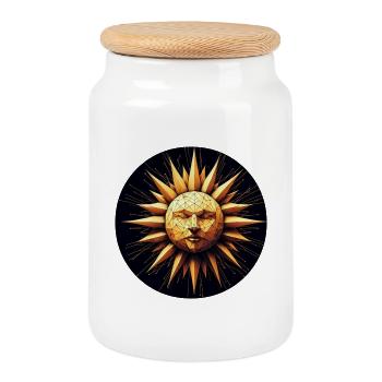 Polygon Sonne Gesicht gold - Keksdose mit Holzdeckel - Weiß - Vorne