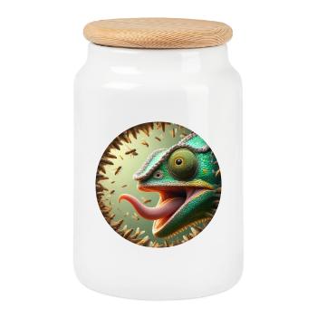 Chameleon with bees and long tongue - Cookie Jar with Wooden Lid - white - Front