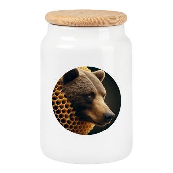 Brown Bear in Bee Honeycomb - Cookie Jar with Wooden Lid - white - Front