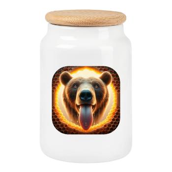 Hungry bear looking through a honeycomb - Cookie Jar with Wooden Lid - white - Front