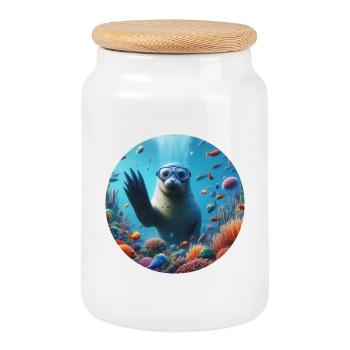 Seal in the sea with diving goggles - Cookie Jar with Wooden Lid - white - Front