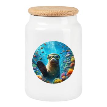 Robe waving underwater with diving goggles - Cookie Jar with Wooden Lid - white - Front