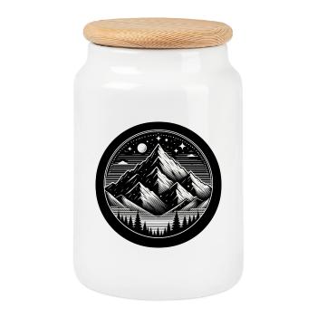 Mountain, Night, Starry Sky, Forest - Cookie Jar with Wooden Lid - white - Front