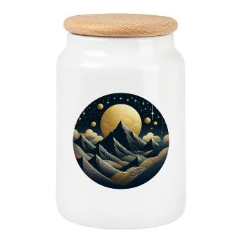 Landscape, Mountains, Moon, Stars, Night - Cookie Jar with Wooden Lid - white - Front