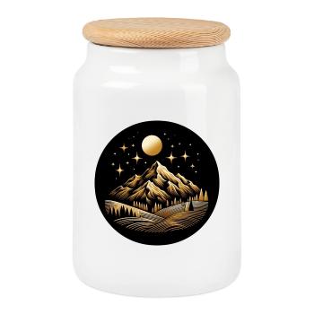 Landscape, Mountain, Nature, Black, Gold - Cookie Jar with Wooden Lid - white - Front