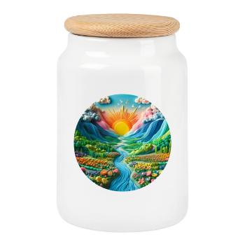 Landschaft bunt mit Sonne Berge und See aus Knete - Keksdose mit Holzdeckel - Weiß - Vorne