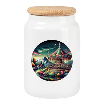 Fantasy world with mountains, carousel and horses - Cookie Jar with Wooden Lid - white - Front
