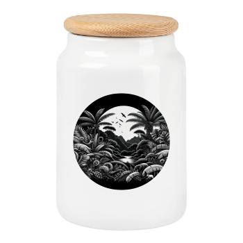 Jungle Black White Palm Trees Landscape - Cookie Jar with Wooden Lid - white - Front
