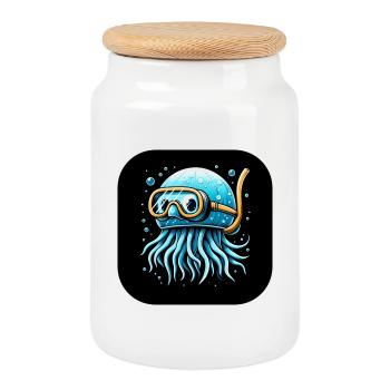 Octopus with Diving Goggles Comic - Cookie Jar with Wooden Lid - white - Front