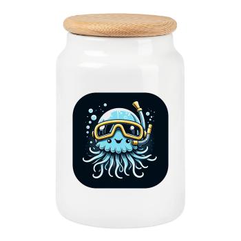 Blue jellyfish with diving goggles, graphic - Cookie Jar with Wooden Lid - white - Front