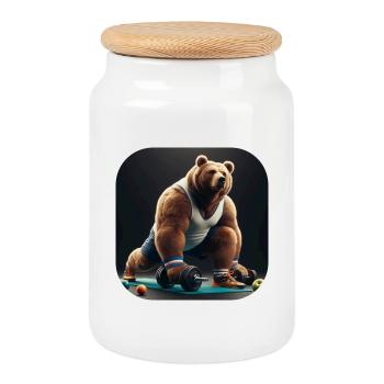 Ours avec haltères Fitness Sport - Boîte à biscuits avec couvercle en bois - blanc - Devant