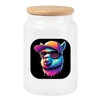 Alpaca llama rapper with cap and sunglasses - Cookie Jar with Wooden Lid - white - Front