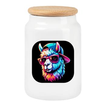 Alpaca Sunglasses Hat Fur Multicolored - Cookie Jar with Wooden Lid - white - Front