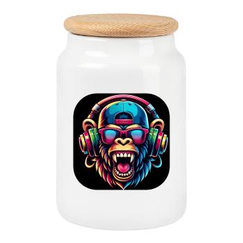 Singe Coloré Dents Rugissement Cap - Boîte à biscuits avec couvercle en bois - blanc - Devant