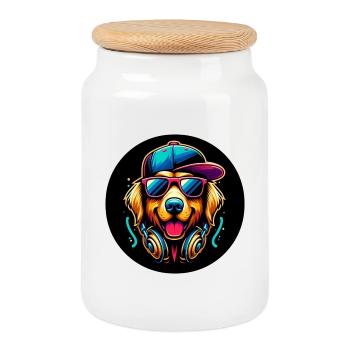 Golden Retriever chien rappeur avec casquette et écouteurs - Boîte à biscuits avec couvercle en bois - blanc - Devant